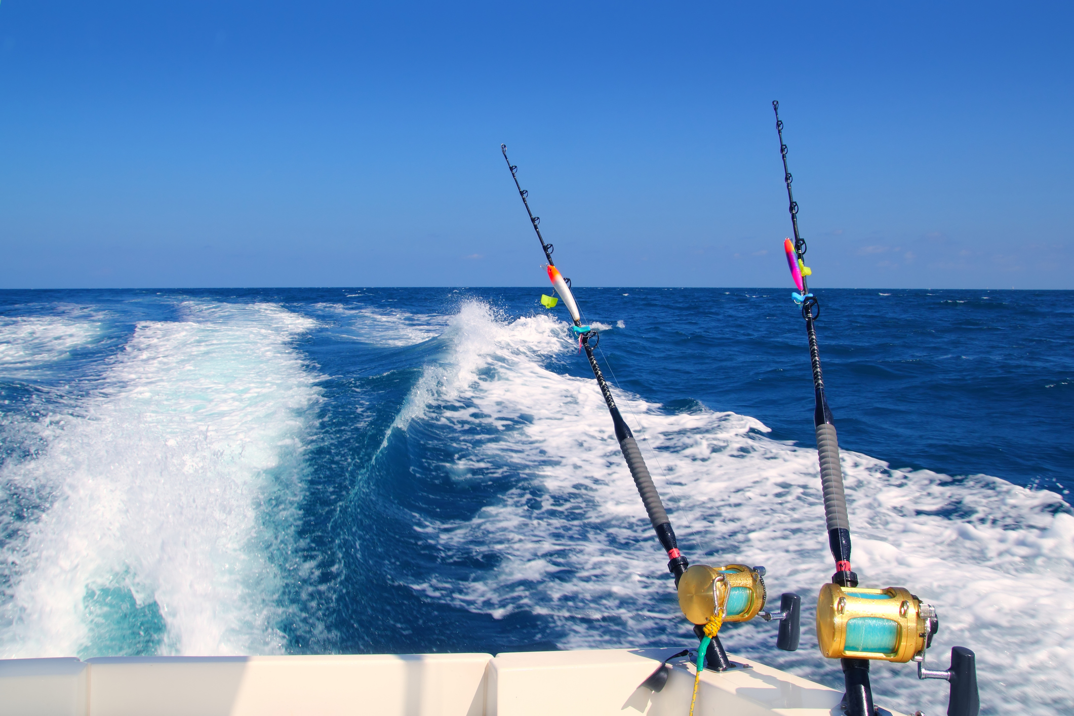 Trolling fishing boat rod and golden saltwater reels